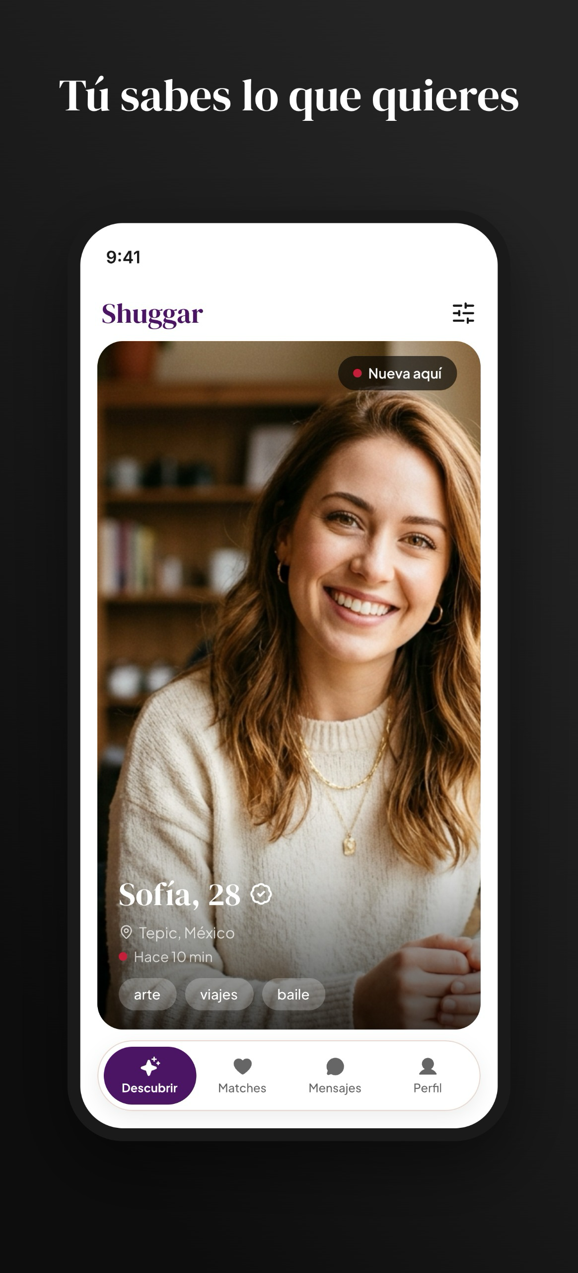 Shuggar app - pantalla Descubrir con un perfil verificado