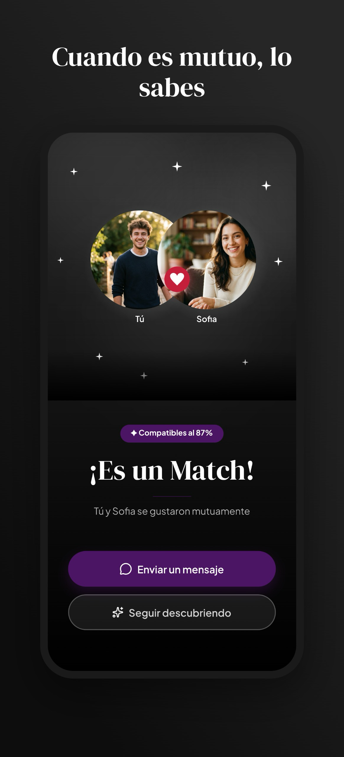 Shuggar app - pantalla de match mutuo